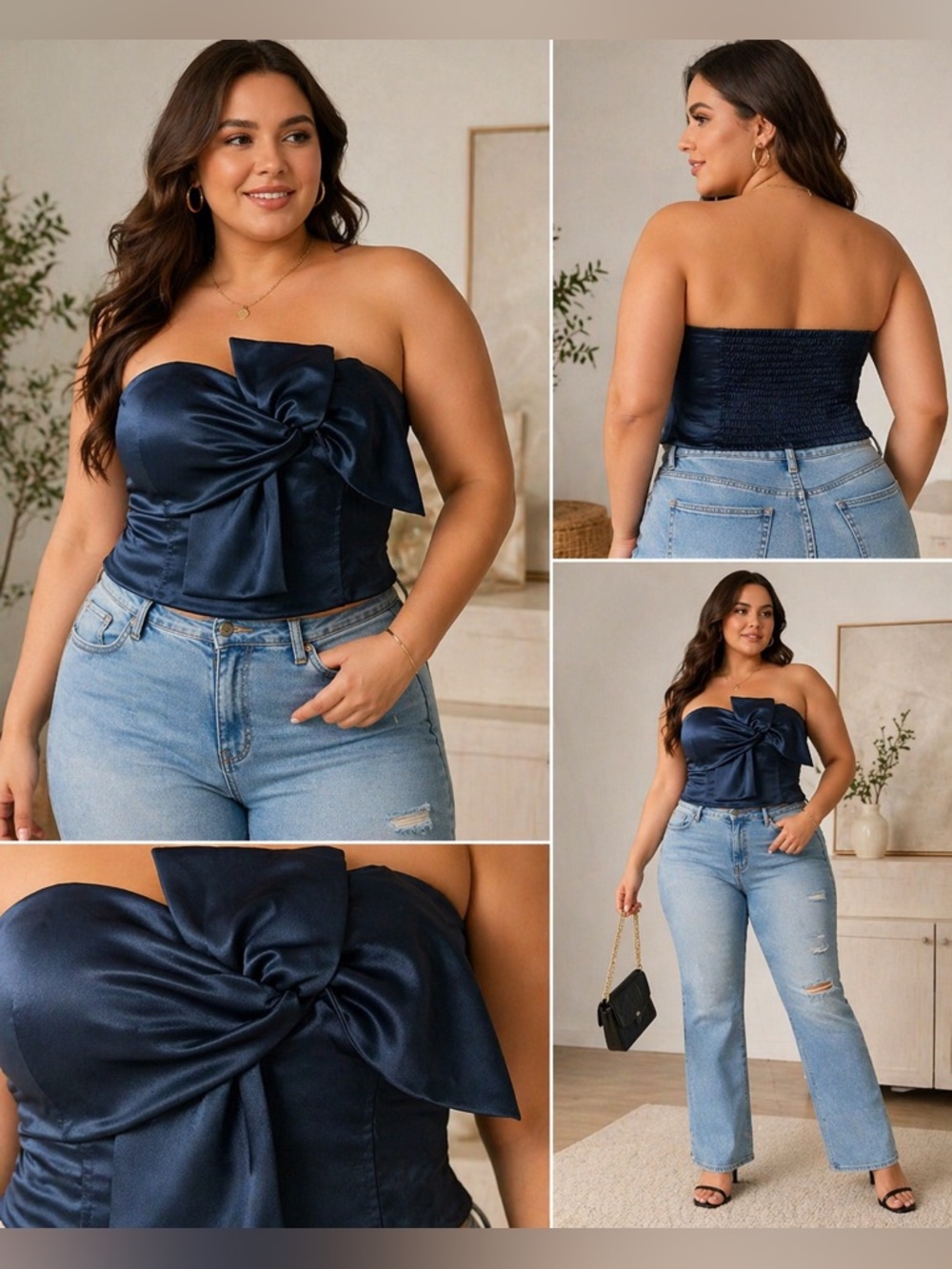 Portige Navy Satin Bow Strapless Bustier Top Smocked Back Size M